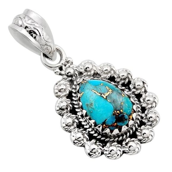 4.15cts Blue Copper Turquoise Pear Pendant Necklace Southwest Sterling Silver - Picture 1 of 6